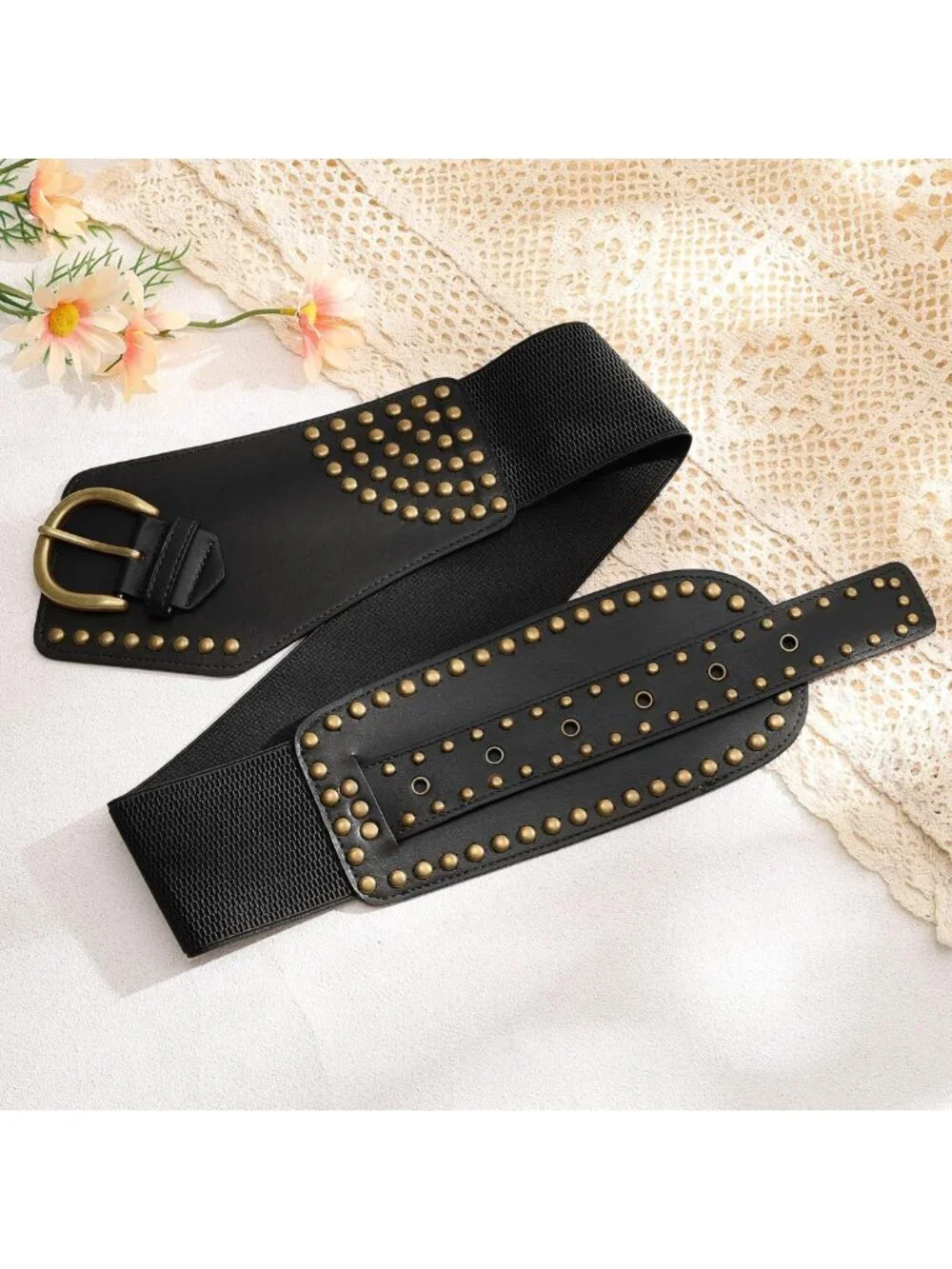 Vintage Wide Elastic Studded Waist Belt - Stretchy Rivets & Metal Buckle